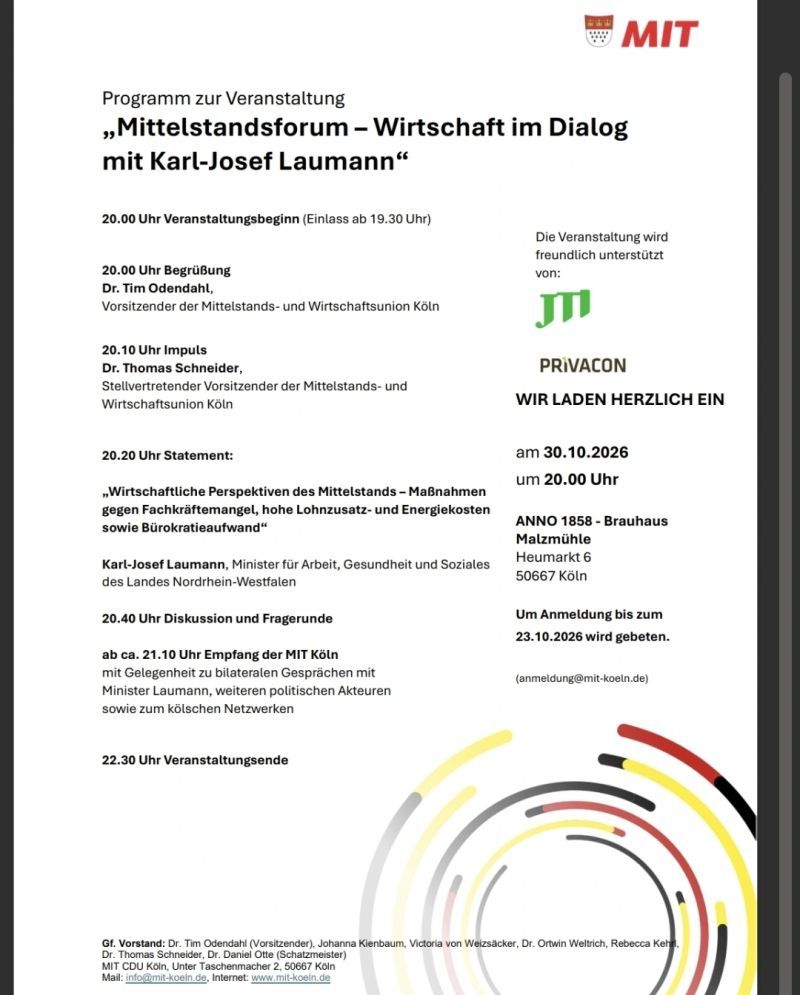 Programmflyer: Mittelstandsforum mit Karl-Josef Laumann am 30.10.2026 in Köln.