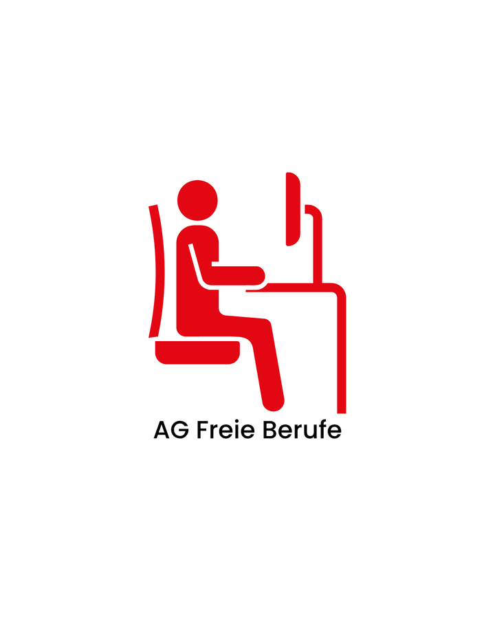 Roter Icon-Sitzender mit Laptop, beschriftet „AG Freie Berufe“.